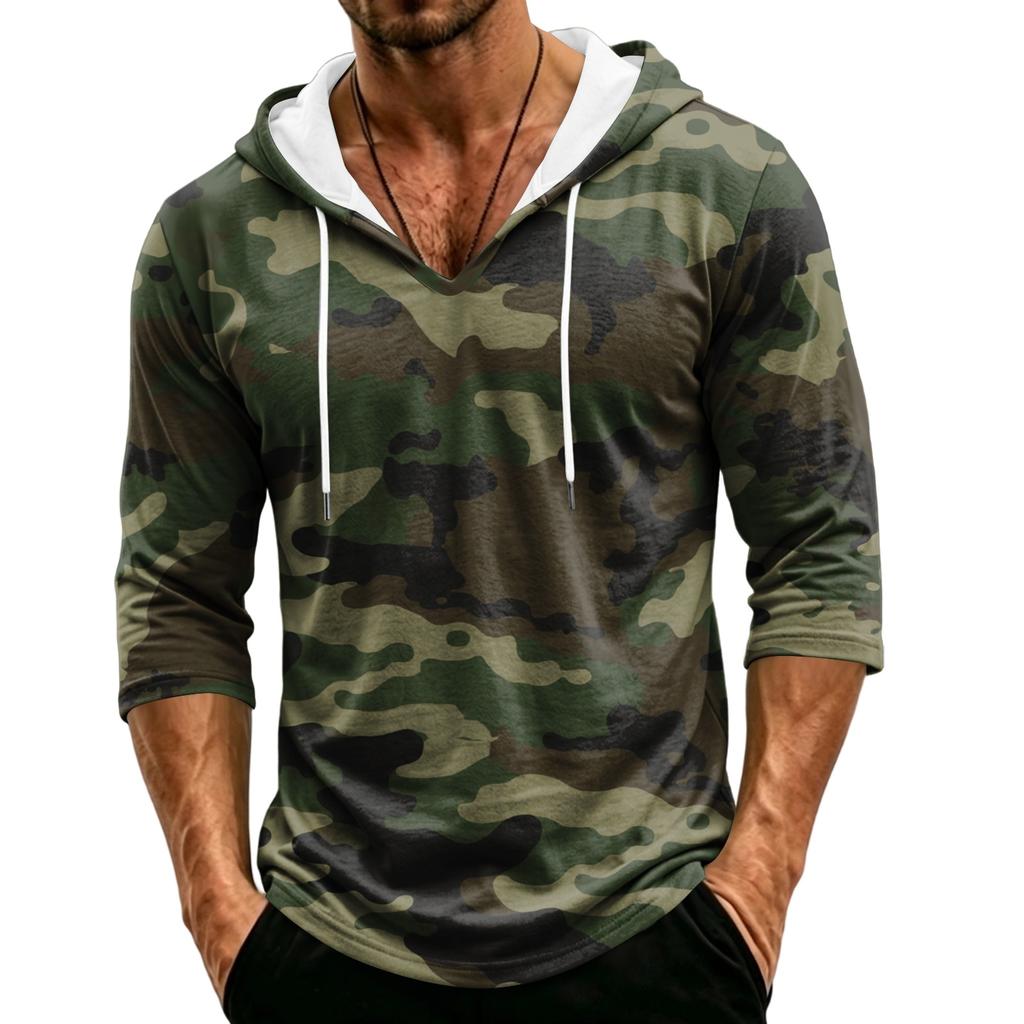 Men's Loose Fit Casual Hoodie Camouflage Pattern Three Quarter Sleeve Pullover Lightweight Breathable Hooded Shirt for Outdoor Activities