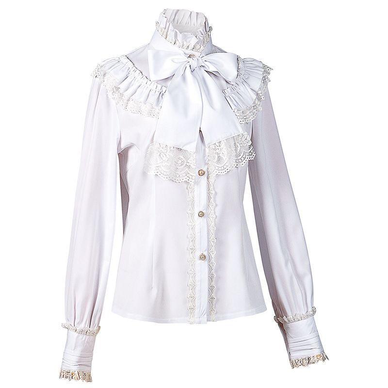 Women's Vintage Ruffle Collar Shirt Spring New Arrival High Neck Lace Trim Button Down Shirt Elegant Gothic Blouse Tops