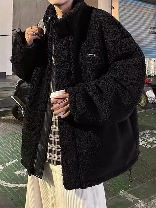 Men's Korean Style Reversible Hong Kong Jacket, Winter Loose Fit, Thick Lamb Wool Cotton Coat, Trendy Couple's Outerwear.