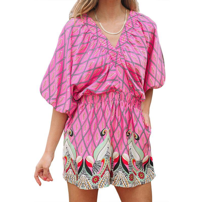 

American Shiying High Waist Short Jumpsuit Women 2025 Summer New Retro Print Short sleeve Jumpsuit Women Pink Size S fit (45.00 kg-55.00 kg