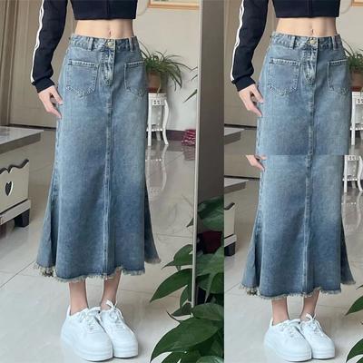 Summer Long Denim Skirt Women  Korean Fashion Split Faldas Jean Mid-Length High Waist Skirts Blue Loose Cowboy