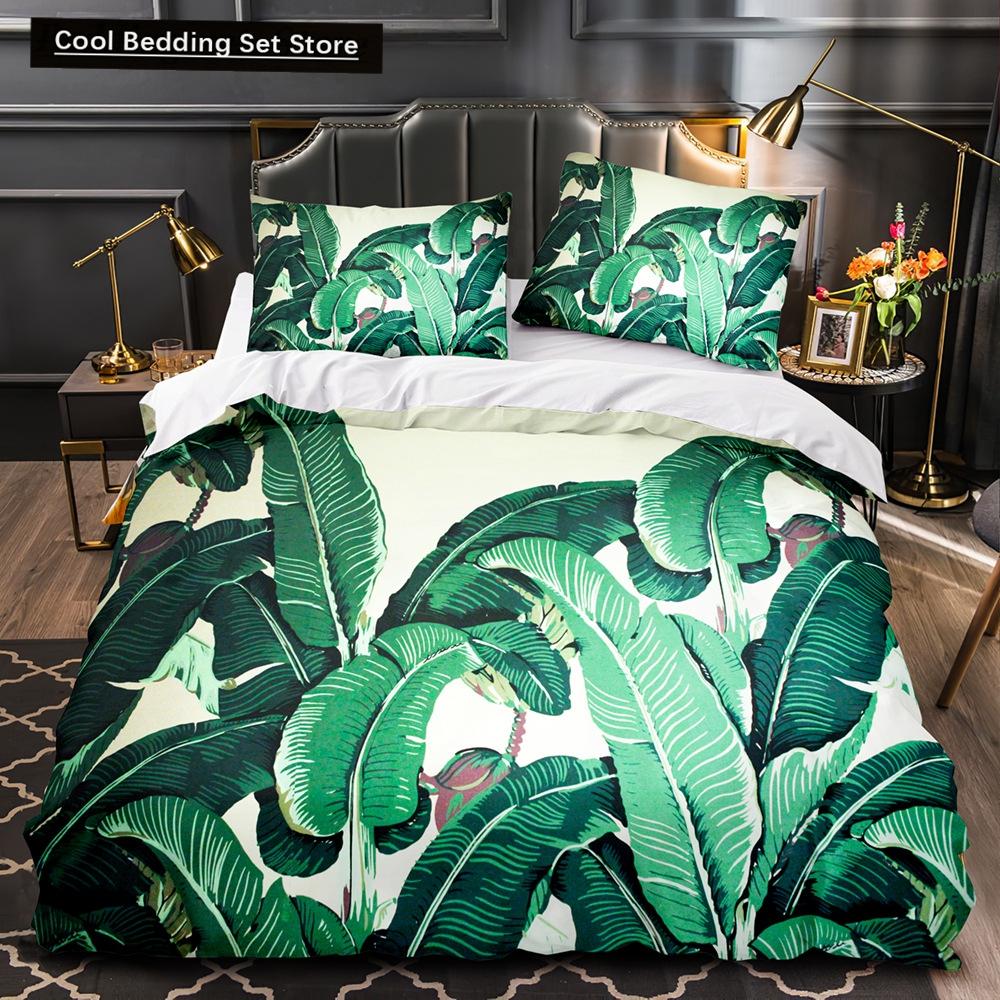 Tropical Plants Floral King Queen Duvet Cover Green Palm Leaves Bedding Set Cream-colored Flowers 2/3pcs Polyester Quilt Cover