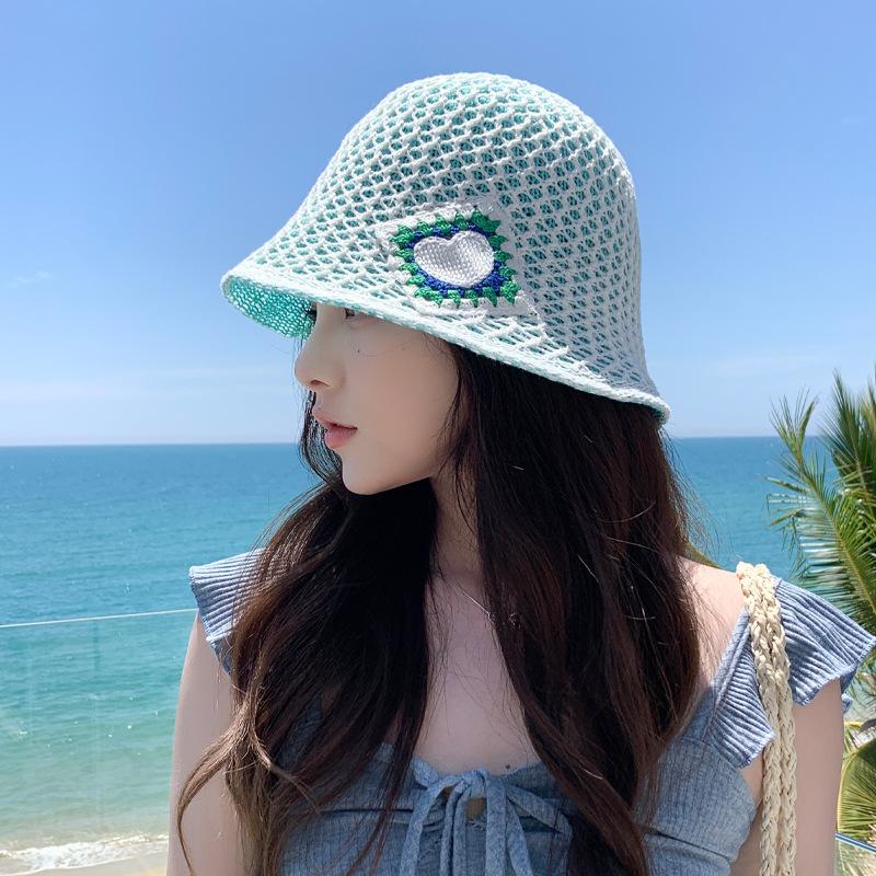 Knitted Bucket Hat Summer Hat Women Hollow Breathable Small Peach Heart Sun Hat Sunscreen Sun Hat Tide