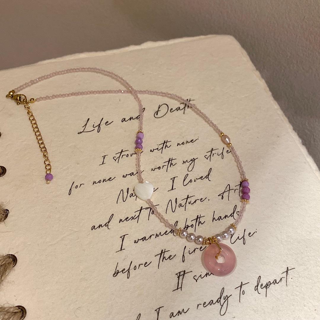 Sweet Pink Crystal Necklace New Chinese Style Pendant Clavicle Chain Pearl Beaded