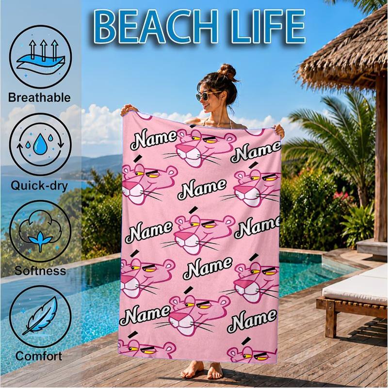 Benutzerdefinierter Name Pink-Panther Herz Im Weltraum Abenteuer Mikrofaser Strandtuch, Leicht für Sommerreisen, Schwimmbad Fan Geschenk