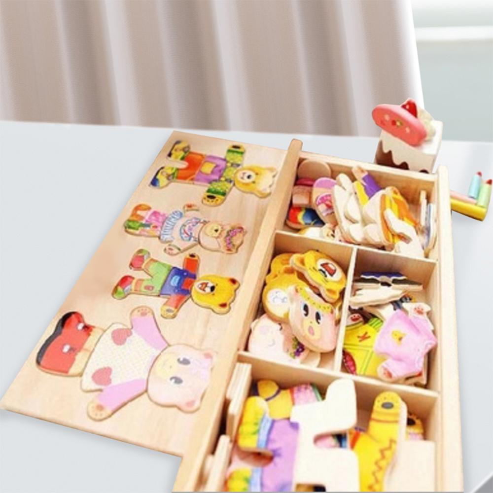 Holzbär Kleiderwechsel Puzzle Spielzeug für Jungen und Mädchen Bausteine Montage Lernspiel