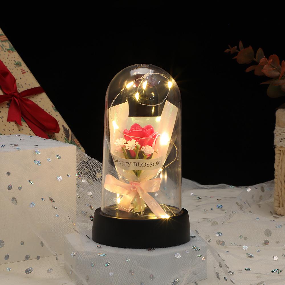 Eternal Roses, Glass Cover Simulation Flower Gifts, Creative Desktop Decoration Luminous Ornaments Romantic