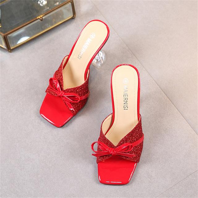 Damen 9cm High Heels Schleife Hausschuhe Pantoletten Lady Fetisch Klare Absätze Party Slides Sommer Pailletten Bling Rot Schmetterling Knoten Schuhe
