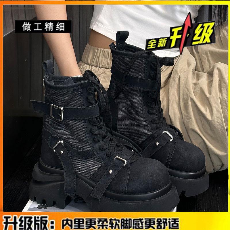 Leather thick-soled heightening big-headed Martin boots women's autumn and winter new single boots cowboy short boots tooling locomotive boots