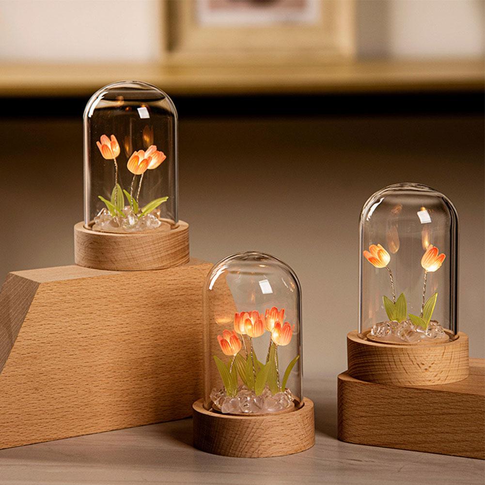 Tulip Flower Night Light With Glass Cover Handmade DIY Bedside Light LED Night Lamp Table Desk Lamp Bedroom Decor USB Mood Light
