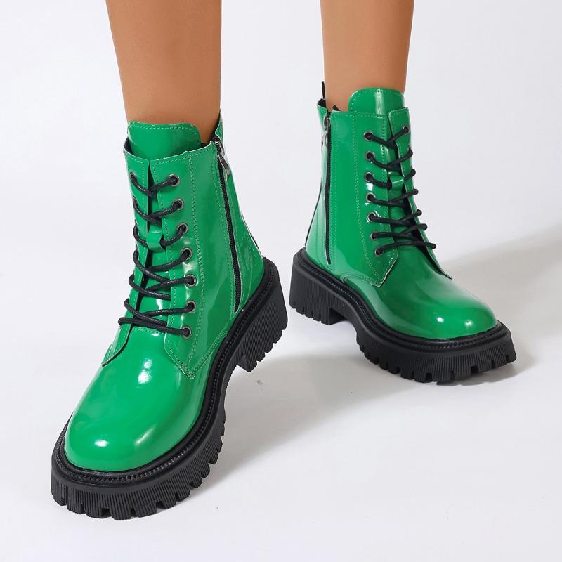 35-43 Large-sized Fashionable Women's Shoes, Round-toed Thick-soled Laced Side Zipper Mid-calf Solid Color Motorcycle Boots
