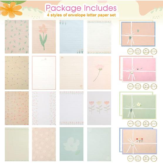 48 PCS Stationery Paper and Envelopes Set,Cute Floral Stationary Set for Writing Letters,Double Sided Printing,Letter Writing Kit