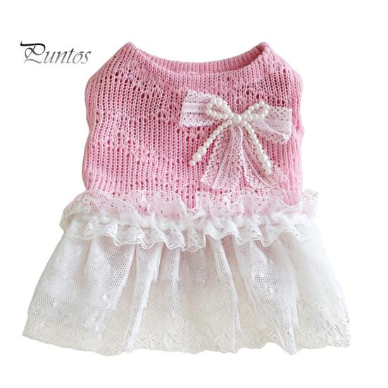 Breathable Dog Clothing Knitted Sleeveless Dress, White Tutu Puppy Princess Cute Girl Dress Pet for Summer with Lace Faux Pearl Bow, Female Small Dogs