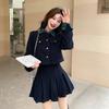 Women's Autumn Denim Patchwork Set: Black Jacket & Midi Skirt Two-Piece Set