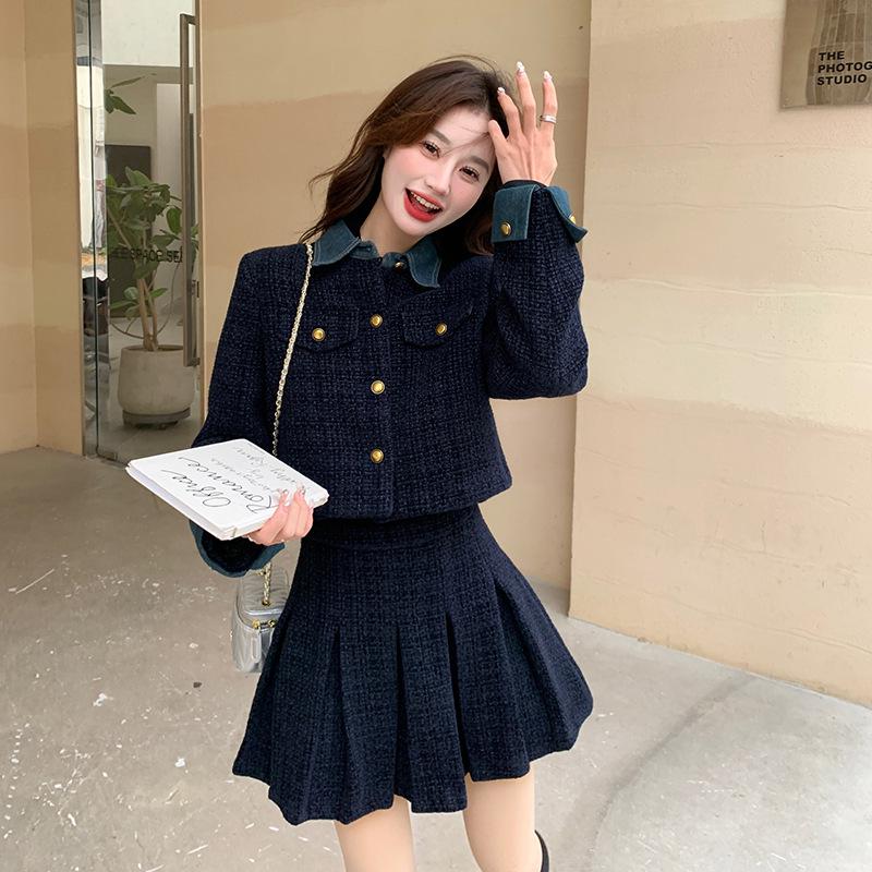 Women's Autumn Denim Patchwork Set: Black Jacket & Midi Skirt Two-Piece Set