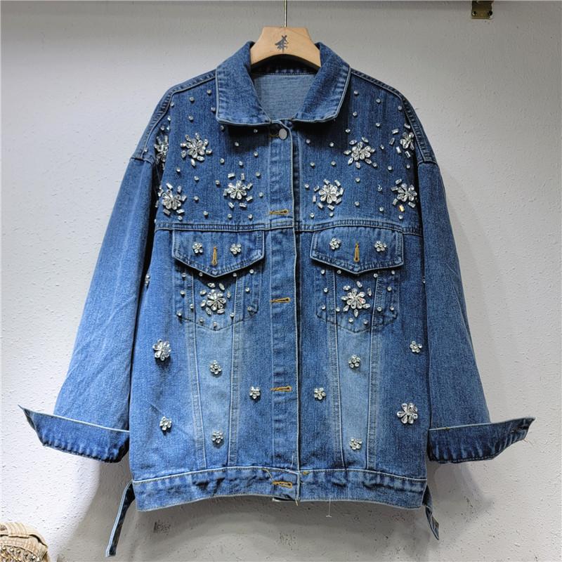 European Station Autumn New Temperament Lapel Heavy Industry Nail Drill Loose Casual Denim Jacket Women's Cross-border Trendy Brand