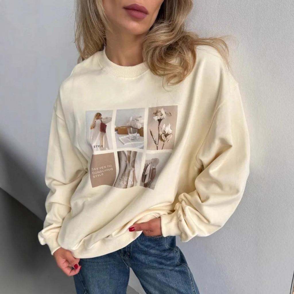 Women's Crew Neck Long Sleeve Sweatshirt Loose Fit Casual Style Photo Graphic Print Pullover Top