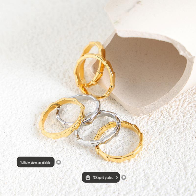 Hong Kong Retro Bamboo Titanium Steel 18K Gold Non-Fading Ring – Versatile Women's Summer Jewelry.