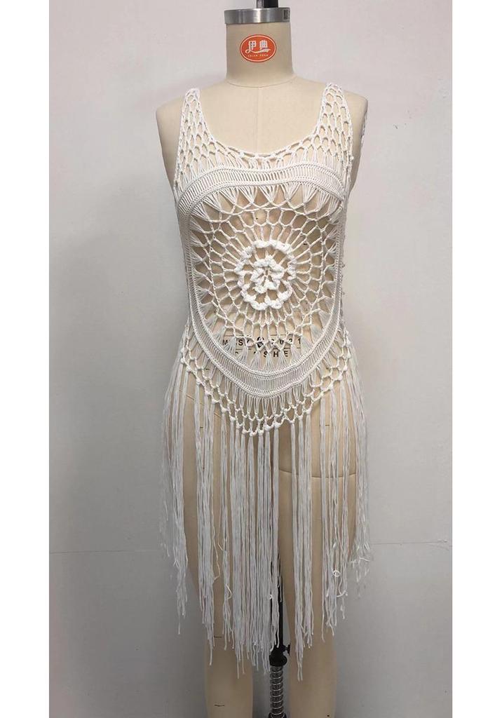 Handmade Crochet Beach Dress with Tassels and Flowers - 2024 New Release, Popular Camisole Beach Cover-up.