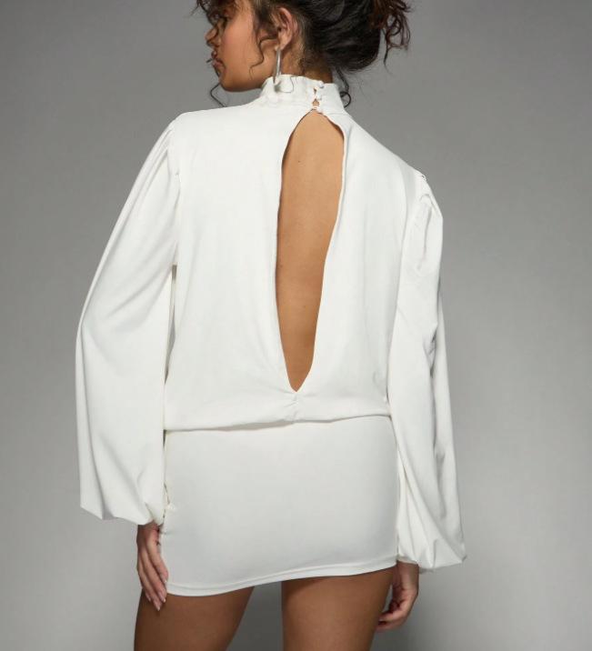 European & American Autumn Sexy Deep V Long Sleeve Hip-Hugging Short Dress