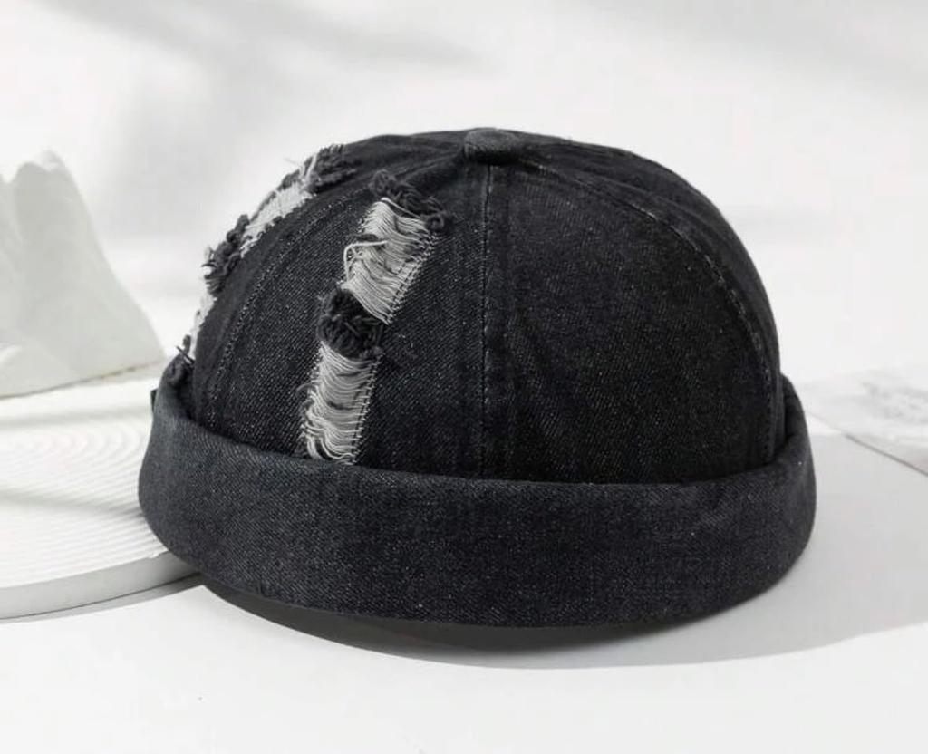 Sproutsy Men's Fisherman's Cap, Docker Hat, Vintage Retro Distressed Denim (Black)