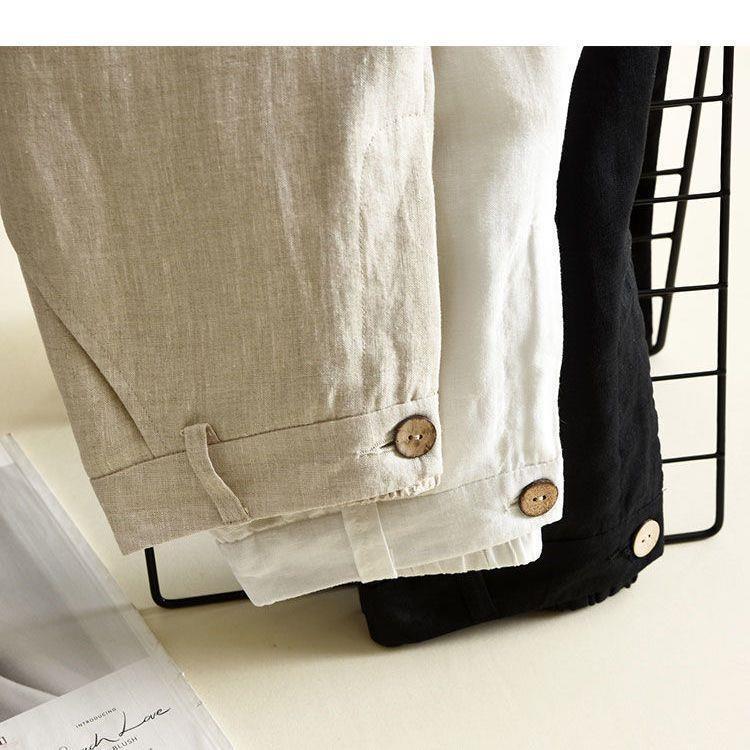 High Waist White Cotton Linen Wide Leg Pants for Women - Loose, Slimming Korean Style