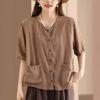 Summer Retro Cardigan Cotton and Linen Shirt Pockets Ladies's Casual Single-breasted Short-sleeved