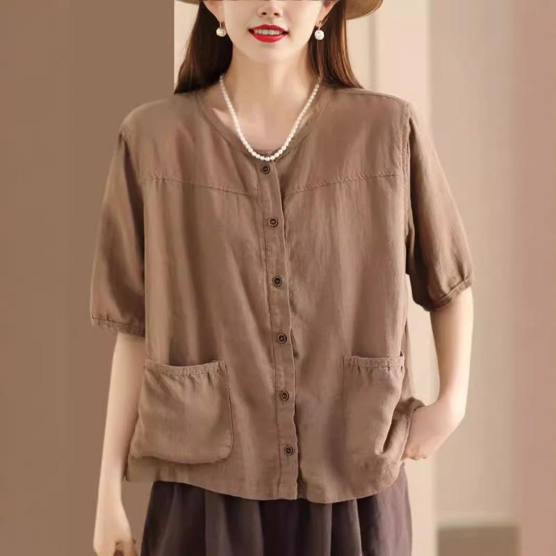 

Summer Retro Cardigan Cotton and Linen Shirt Pockets Ladies s Casual Single-breasted Short-sleeved M хаки