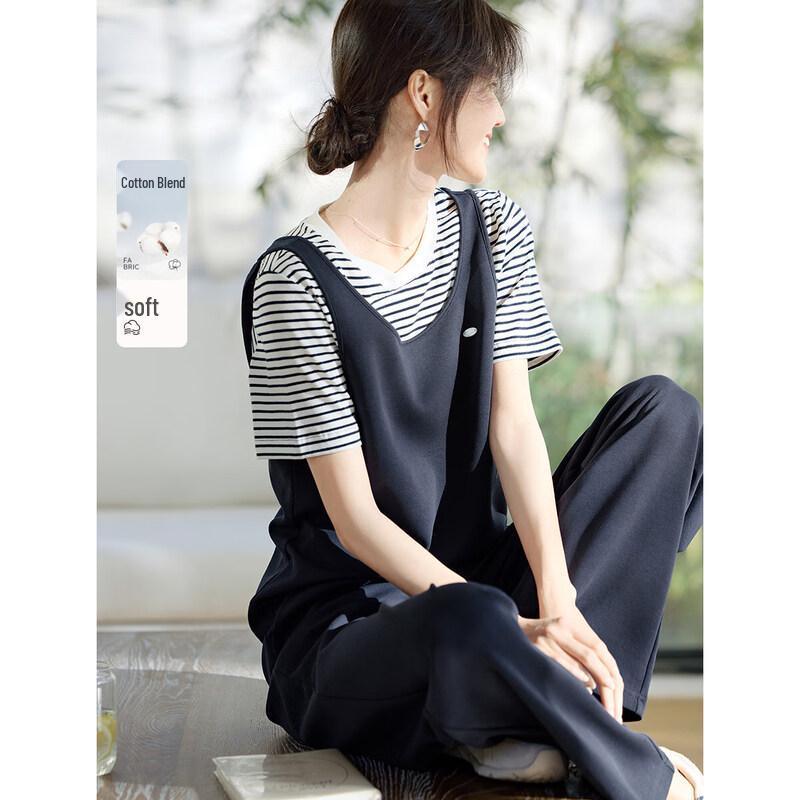 XWI Women s Cotton Striped Faux Two-Piece Relaxed Set L