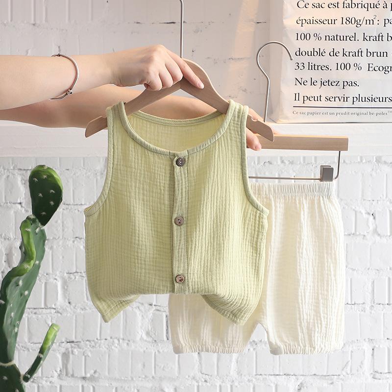 Sommer Dünnes Ärmelloses Cardigan-Set Einfarbige Lässige Kinder-Sets Weste+Shorts Zweiteiliges Set