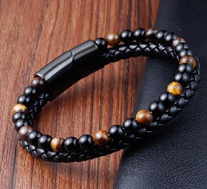 Handmade Black Obsidian Beaded Bracelet With Natural Gemstones And Leather Cord Unisex Jewelry