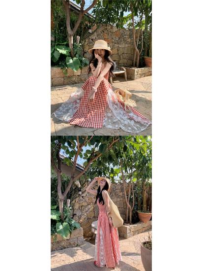 Women's Retro Plaid Lace Bandeau Dress - 2026 Spring/Summer Waist-Cinched Skirt