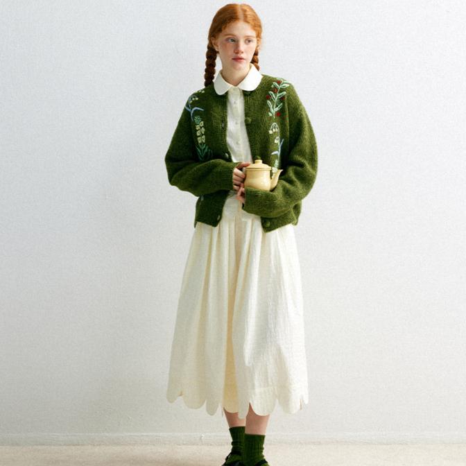 Dimanaf 2025 Autumn Green Sweaters Cardigan Pockets Women Embroidery Pattern Printing Buttons Sweaters Knitting Loose Sweater