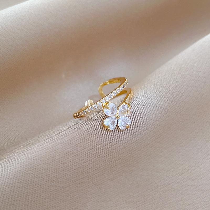 Real Gold Lucky Flower Full Diamond Ring Opening Adjustable Simple Jewelry Japanese Ring Couple Ring
