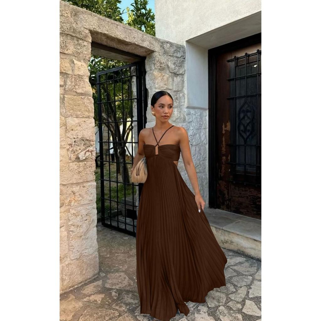 A New Summer Solid-color Strapless Pleated Sleeveless Halter Dress