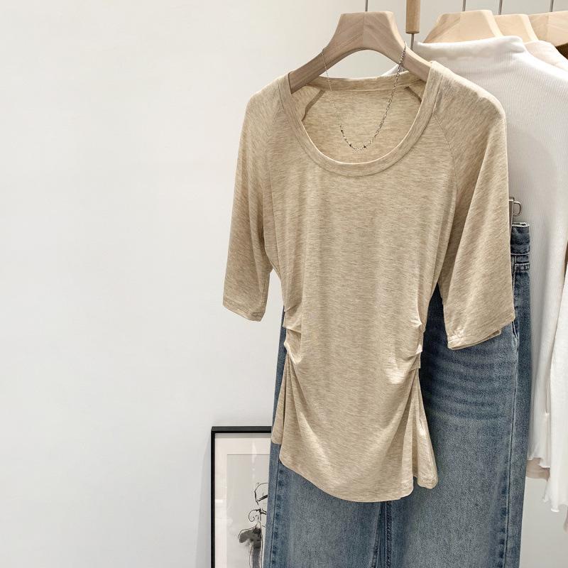 

Lyocell Tencel Ruched Waist Wool Mid-Sleeve Slim-Fit Women s T-Shirt - Early Summer 2026 Arrival Small хаки