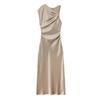 Spring 2025 Women's Elegant Slim Fit Pleated Silk Satin Sleeveless Dress