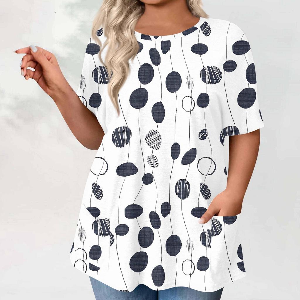 Damen Übergröße Tops Kurzarmshirts Rundhals Bedruckt Lässig Taschen Kleidung Kleidung Tops