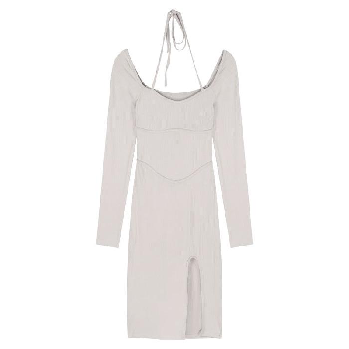 Black Split Sexy Neck Dress Women's Autumn Spice Girl Long Sleeve Slim Irregular Medium and Long Hip Wrap Skirt