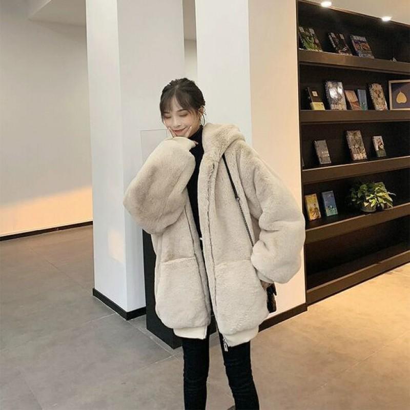 Womens Faux Rex Rabbit Fur Coat Winter Warm Hooded Oversized Parka Mid-Length Plus Size