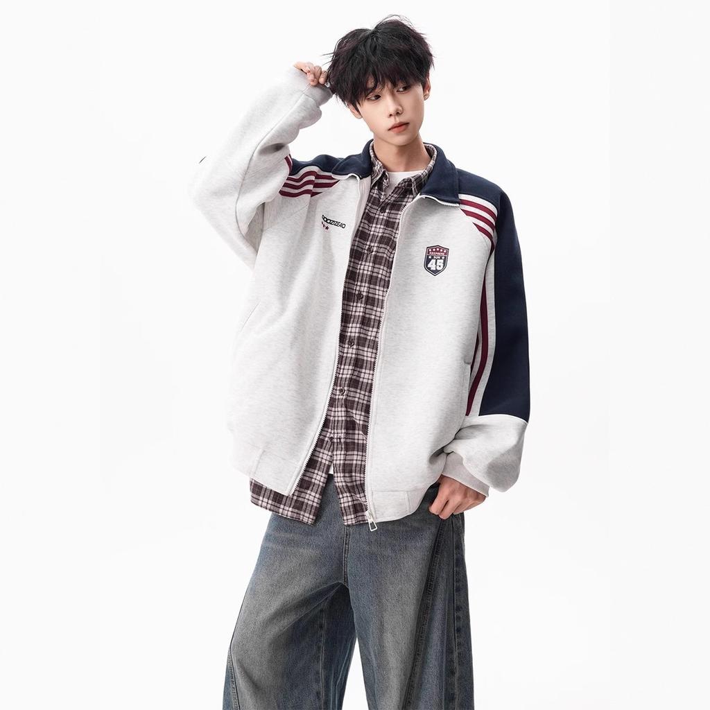 American striped contrasting stand-up collar men's trendy brand college style loose casual versatile sports cardigan Wei jacket