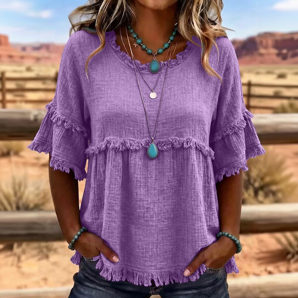 Women’s Vintage Crew Neck Short Sleeve Blouse Relaxed Fit Casual Top Linen Pullover Shirt