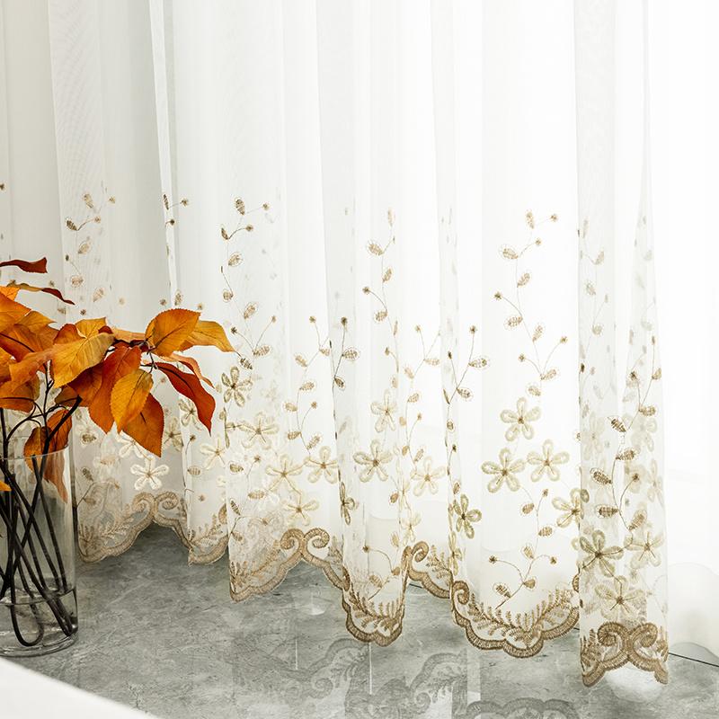 1pc Glam Embroidered Floral Grommet Top Curtain, Semi-Sheer Polyester Window Screen for Bedroom