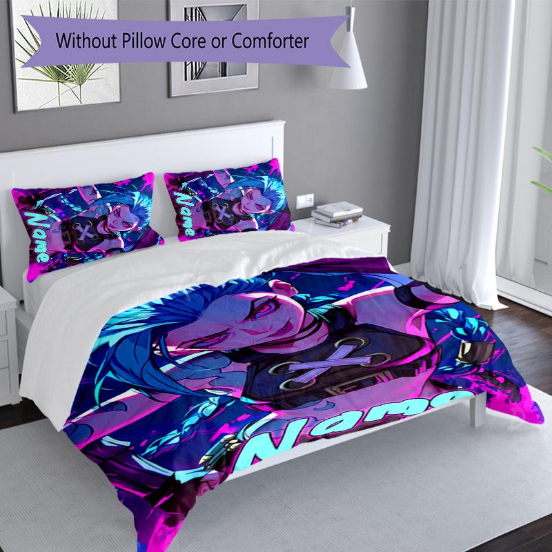 3pcs Custom Name League of Legends Jinx Set,Includes 1 Duvet Cover and 2 Pillowcases,All-season Bedroom Decor