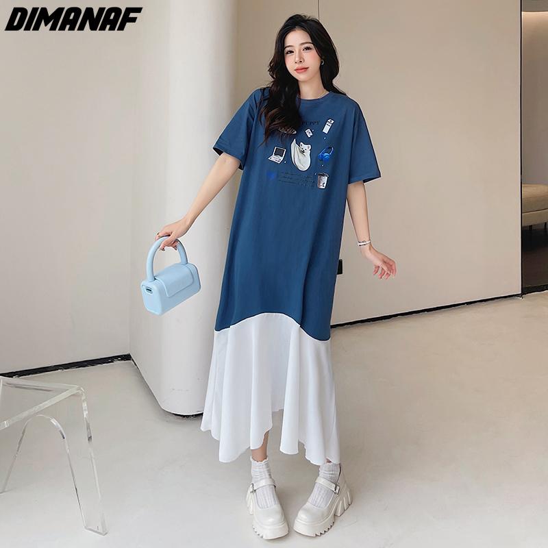 

DIMANAF 2024, летнее платье-рубашка больших размеров, женское модное хлопковое шифоновое повседневное платье с круглым вырезом с коротким рукавом, свободное длинное платье XL синий