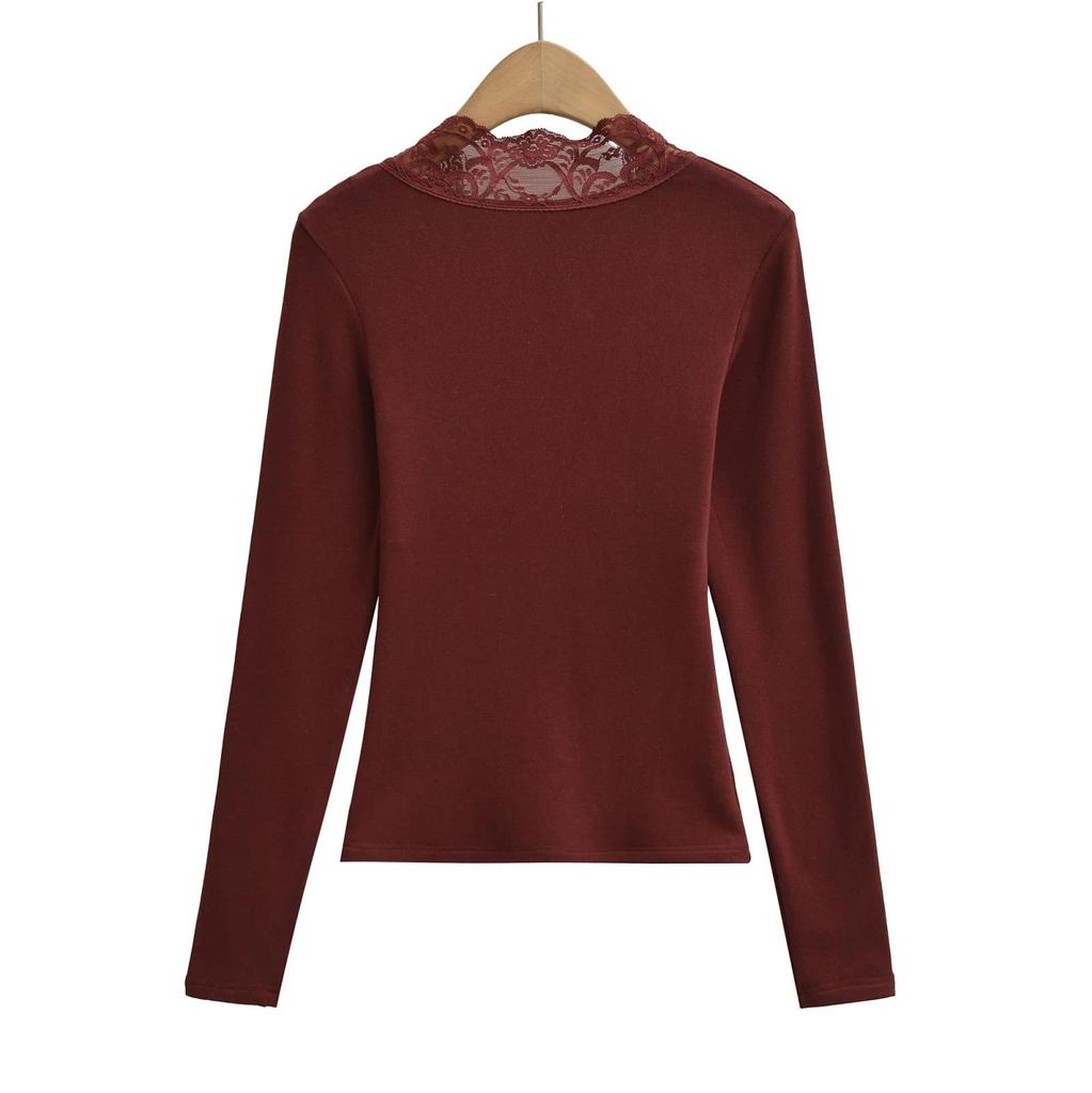 Women's 2026 Slim Fit Deep V-Neck Lace Patchwork Long Sleeve T-shirt