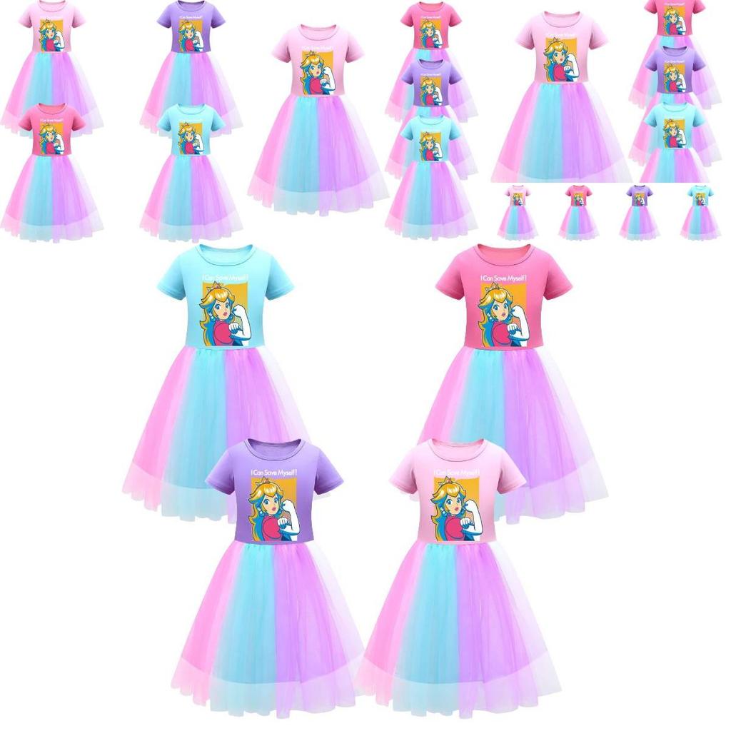Sukienka dla dziewczynki Super Mario Princess Peach z tęczową koronką w kolorze fioletowym, czerwonym i różowym