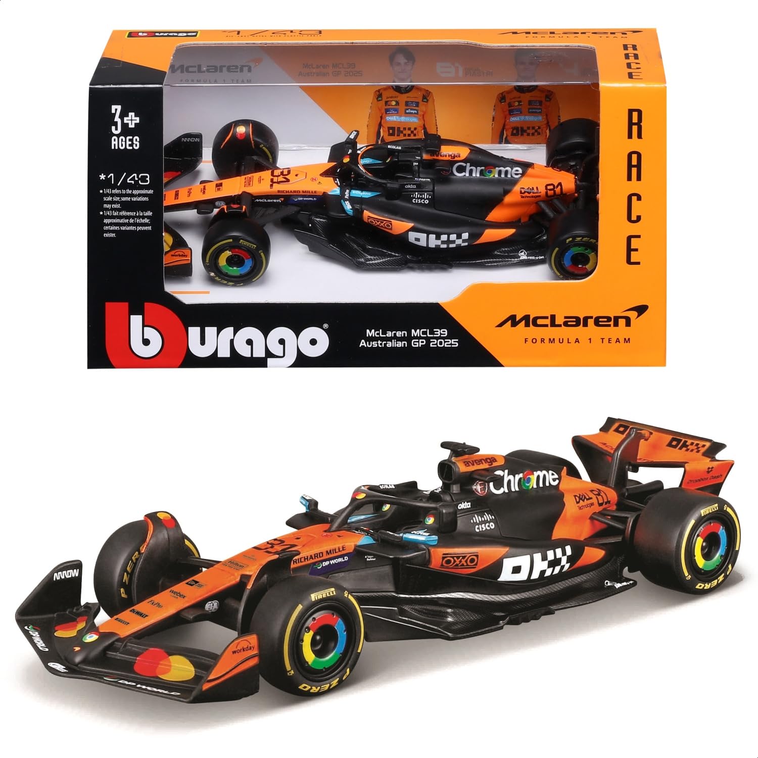 Bburago 2025 Model F1 McLaren Team MCL39 Oscar Piastri Australian GP Race Sports Car Miniature Diecast Car Finished Product 1/43 #81 / 18-38248 (#81) оранжевый