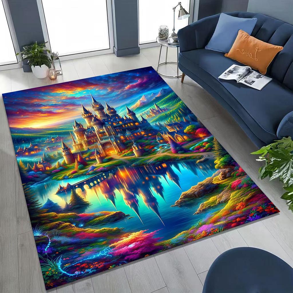 Enchanted Fairytale Princess Castle Gothic Castle Cartoon Rug for Bedroom Living Room Sofa Home Doormat Decor, Kids Non-slip Mat