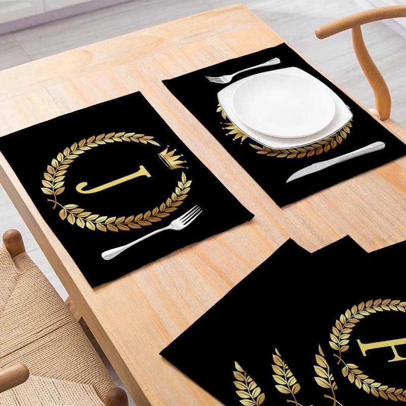 1PC Home Decor Black Gold Letter Printing Linen Placemat for Dining Table Drink Coaster Home Decoration Modern Kitchen Cup Pads